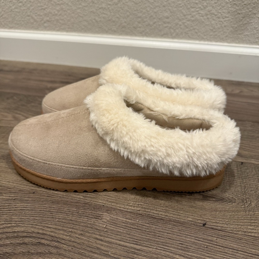 Dearfoams Cozy Comfort Women's Platform Clog Slippers Large 9-10 Beige Faux Fur